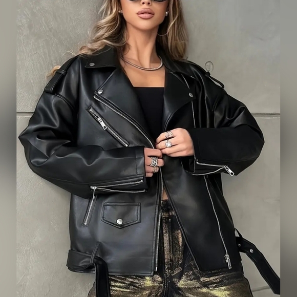 Jackets & Blazers - Women's Black Faux Leather Jacket Biker Jacket Size Small NEW!
